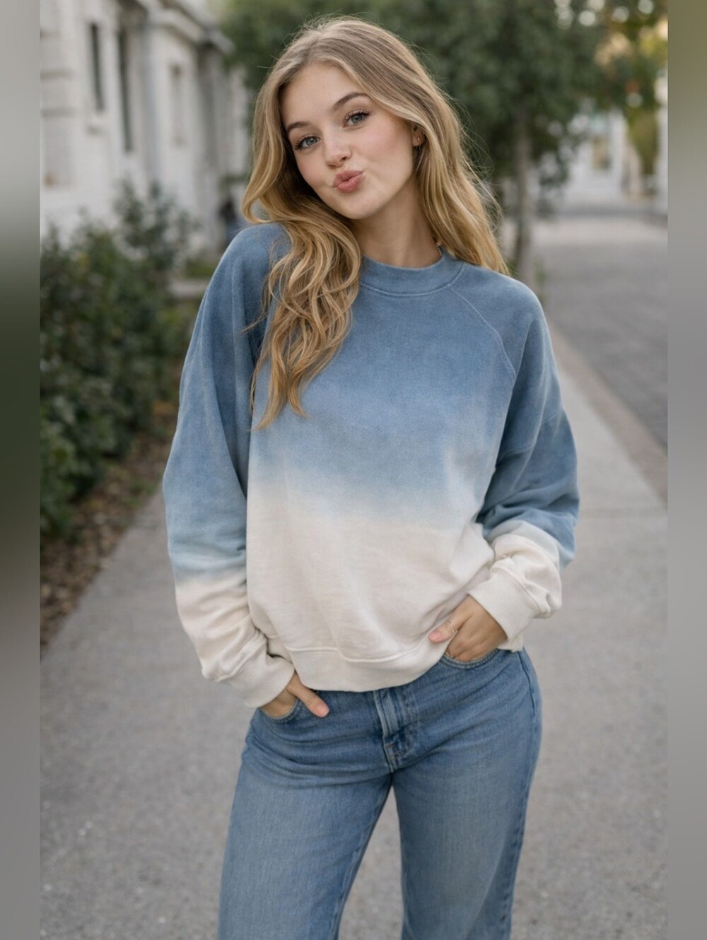 FAHERTY FADE BELLS DIP DYE SWEATSHIRT.  SIZE MEDIUM IN HIGH TIDE.  BLUE/WHITE